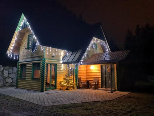 特尔日奇Butterfly Cottage by the Creek的夜晚有圣诞灯的房子