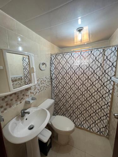 Los ParedonesStylish Stay Ciudad Juan Bosch的一间带水槽、卫生间和淋浴的浴室