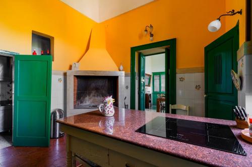 库特罗菲安诺Villa Sirgole 1897的厨房拥有绿色和橙色的墙壁,设有壁炉