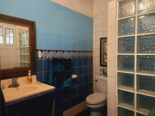 SoráAltos del María, Panamá的蓝色瓷砖浴室设有卫生间和水槽