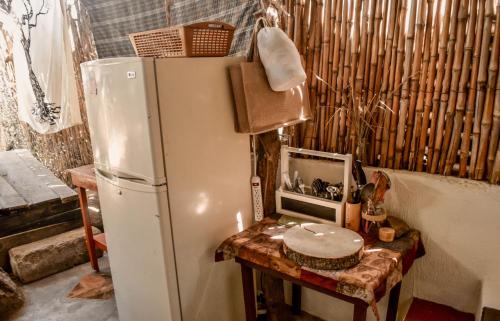 圣佩德罗拉拉古纳Bambuddha - Garden Suite at Lakehouse的厨房配有冰箱和带微波炉的桌子。