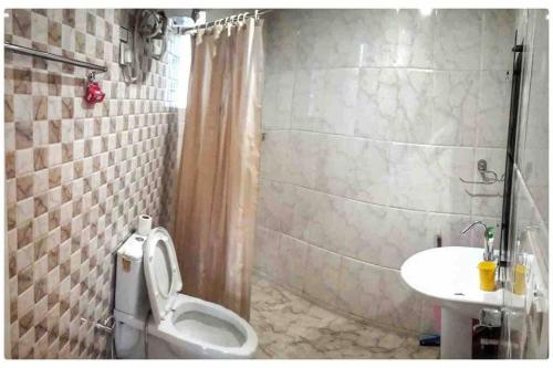 奈尼塔尔Modern 2 bedroom apartment Near Nainital and Kaichi Dham SF4的一间带卫生间和水槽的浴室