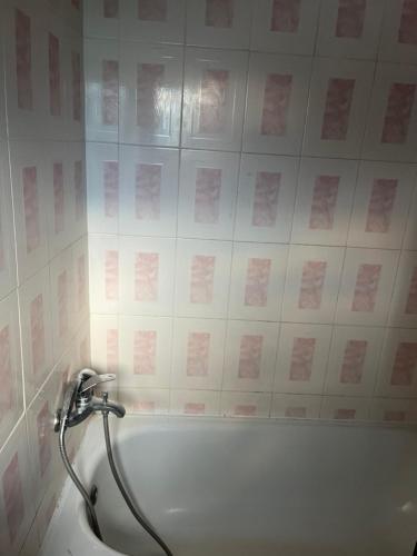 圣多美Elitineide Guest House的浴室设有浴缸,铺有粉红色的瓷砖。
