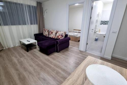 奥托佩尼Apartament CWA 3 Aeroport Otopeni的客厅配有紫色沙发和桌子