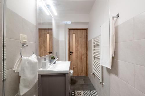 巴亚马雷Fortuna Apartments的白色的浴室设有水槽和镜子