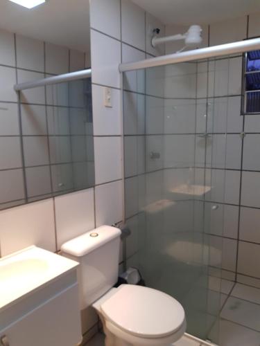 加拉尼温斯APARTAMENTO EM CONDOMÍNIO FECHADO a 300 METROS DA FABRICA DE CHOCOLATE e a 600 METROS DO RELÓGIO DAS FLORES的一间带卫生间和玻璃淋浴间的浴室
