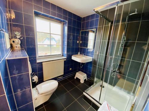 瓦尔内明德Ferienhaus Waterkant的浴室配有卫生间、淋浴和盥洗盆。