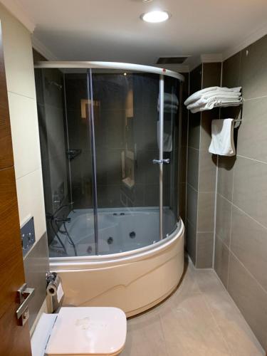 BostaniçiMOONLİGHT HOTEL的一间带卫生间和水槽的浴缸的浴室