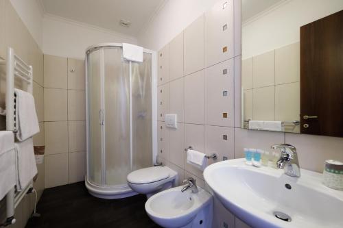 韦尔巴尼亚扎斯特住宅酒店的带淋浴、盥洗盆和卫生间的浴室