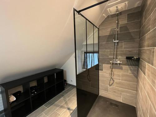 比桑Gîte Au Creux Du Moulin的带淋浴的浴室和玻璃门