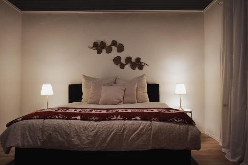 拉姆斯泰因-米森巴赫Charmantes & offenes Apartment的一间卧室配有一张大床和两盏灯