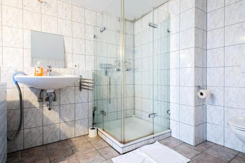 HauWork & Stay Apartment Bedburg Hau的带淋浴、盥洗盆和卫生间的浴室