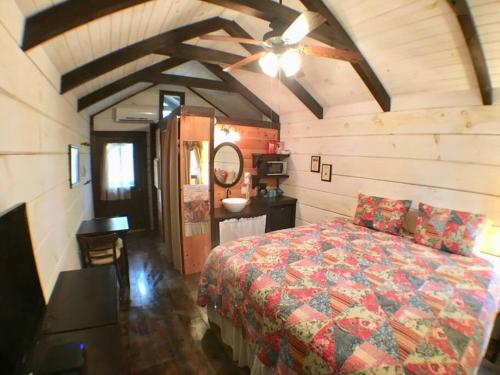 赛维尔维尔Tiny Home Cottage Near the Smokies #11 Mina的一间卧室配有一张床和吊扇