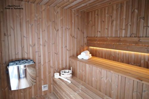 比亚沃维耶扎SzumiPuszcza - domki, sauna, jacuzzi的小屋设有木镶板墙和木地板