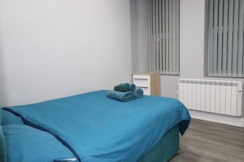 达特福德Ground Floor 1 Bed Flat Dartford- 1 - Fully Equipped - Fibre Wifi的一间卧室配有一张带蓝色毯子的床