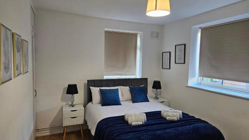 伦敦Chic Two Bedroom Apartment in the Heart of Battersea Modern and Comfy的一间卧室配有一张带蓝色枕头的大床