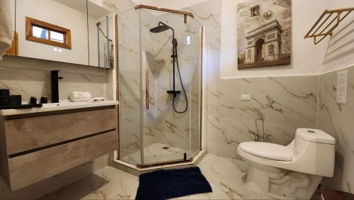 圣佩德罗拉拉古纳DUBAI by luxury Atitlan的带淋浴、卫生间和盥洗盆的浴室