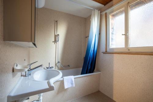 伊瑟尔特瓦尔德Chalet Seehus Iseltwald的浴室设有水槽和蓝色的浴帘
