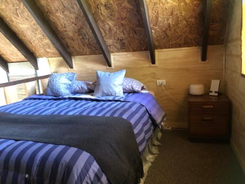 弗鲁蒂亚尔Tiny House, Tiny Black Frutillar的一间卧室配有两张带蓝白色枕头的床