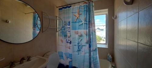 拉斯格路塔斯Las Grutas Star的一间带水槽和淋浴帘的浴室