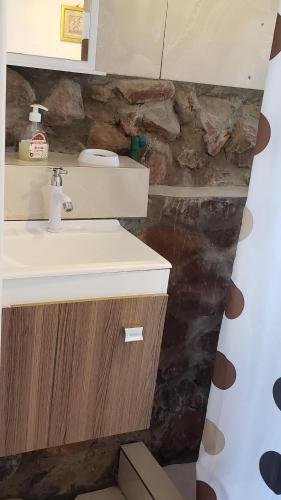 塔夸伦博Cabaña en el campo的一间带水槽和石墙的浴室