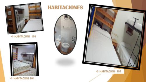 维多利亚城Hostal de Escandón的一张卧室三幅照片和镜子的拼贴画