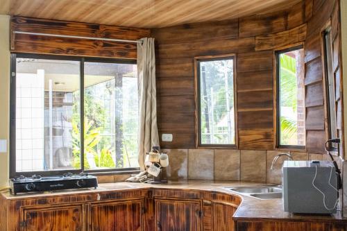 福尔图纳Arenal NAE Home的厨房设有木墙、水槽和窗户。