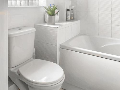 根斯堡The Gainsborough Mews的白色的浴室设有卫生间和浴缸。