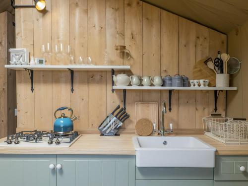 凯里堡Lime Kiln Lodge - Ukc6262的厨房设有水槽、炉灶和木墙