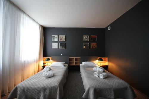 克莱佩达Hotel Navalis, Klaipėda的一间设有两张床的房间,上面有白色的毛巾