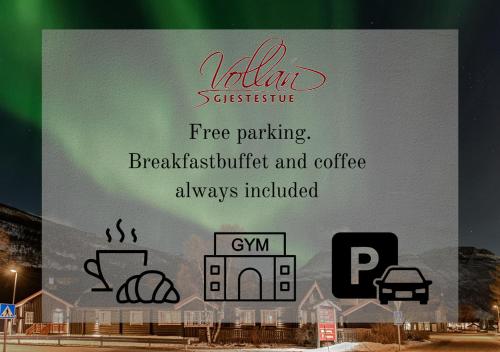 Nordkjosbotn沃兰哲西泰斯特酒店的包括免费停车标志、早餐和咖啡