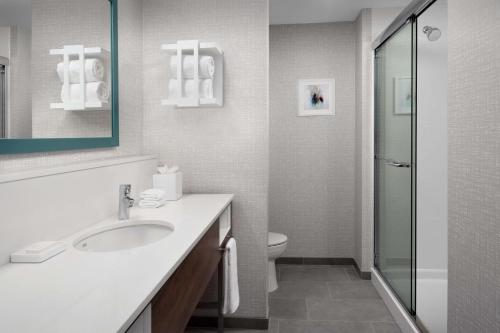 奥兰多Hampton Inn Orlando Southeast Nona的白色的浴室设有水槽和淋浴。