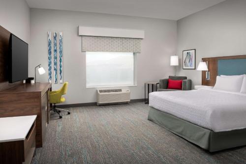 奥兰多Hampton Inn Orlando Southeast Nona的配有一张床和一张书桌的酒店客房