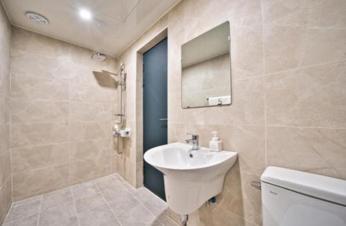 浦项Hotel Daon的一间带水槽、卫生间和镜子的浴室