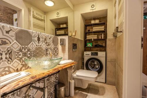 布拉迪斯拉发Historical Wine Apartment的一间带水槽和洗衣机的浴室