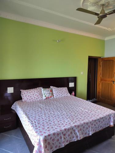 考萨尼Apna Ghar, Namasvi villa, c/o Anand singh bisht的绿色墙壁间的一张床位