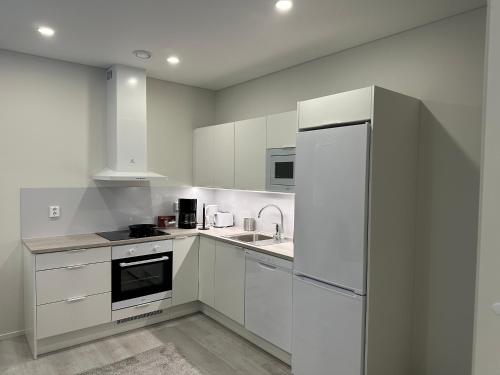 塞伊奈约基Kotimaailma Apartments #1 - Loistava kaksio keskustassa的厨房配有白色橱柜和冰箱。