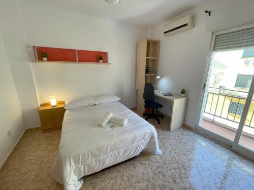 哈恩Piso compartido Delyrent, Safa的一间卧室配有一张床、一张书桌和一个窗户。