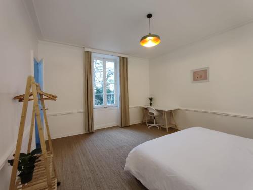 卢瓦尔河畔圣塞巴斯蒂安Le manoir de la Plume 10min de Nantes centre ville的一间卧室设有一张床、梯子和窗户