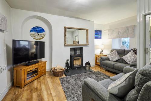 BrynsiencynHost & Stay - Camwy Cottage的客厅配有电视、沙发和壁炉