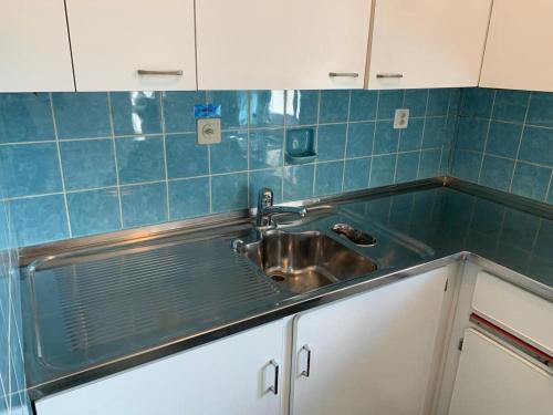 MitlödiRevier schlicht und bahnsinnig的厨房配有水槽和蓝色瓷砖