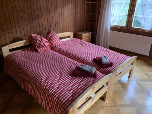 HätzingenRevier Hazzo's Biasca的一间卧室配有一张带红色和白色床单的大床