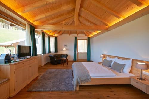 索普拉布扎诺Exclusive Chalet Grumer 700 sqm的一间卧室配有一张床,并在一间客房内配有电视。