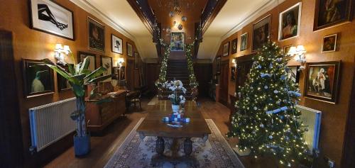 多尔盖罗The Apartment at Pen Y Coed Hall的客厅拥有圣诞树和楼梯