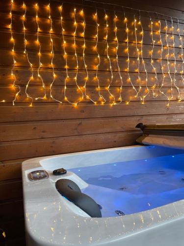 ArthonRomantique chalet avec sauna et jacuzzi extérieur的墙上设有灯光按摩浴缸