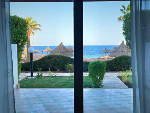 沙姆沙伊赫沙姆喜来登Spa别墅度假酒店的享有海滩美景,配有遮阳伞和海洋美景。