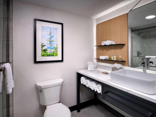 可可比奇Hilton Garden Inn Cocoa Beach-Oceanfront, FL的一间带水槽、卫生间和镜子的浴室