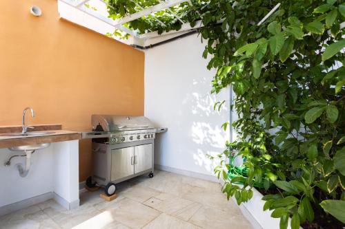 阿德耶Elysium Ocean Villa的花园内的厨房设有水槽和烧烤架