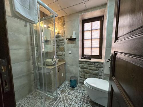 埃杰阿巴德İLİA BUTİK OTEL的带淋浴、卫生间和盥洗盆的浴室