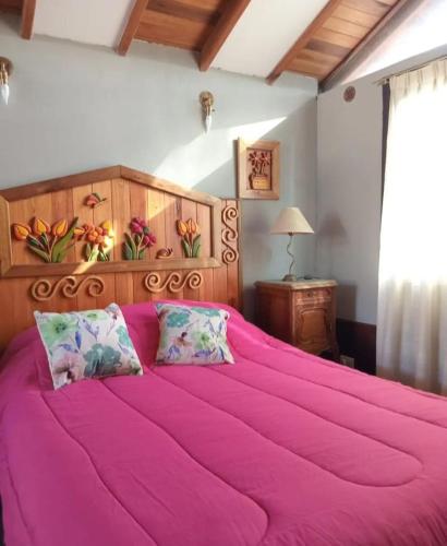 马德普拉塔La posada de las brujas的卧室配有带2个枕头的大型粉红色床